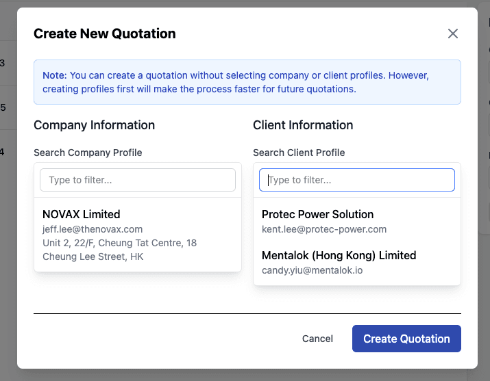 Create Order Dialog